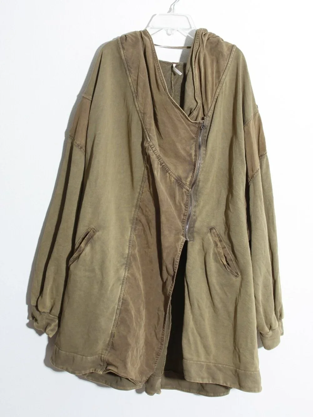 Free People C'mon Hooded Cardigan Jacket Moss Green Cotton Asymmetrical Slouchy